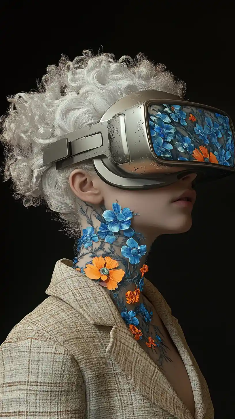 Woman with floral virtual reality headset in close up