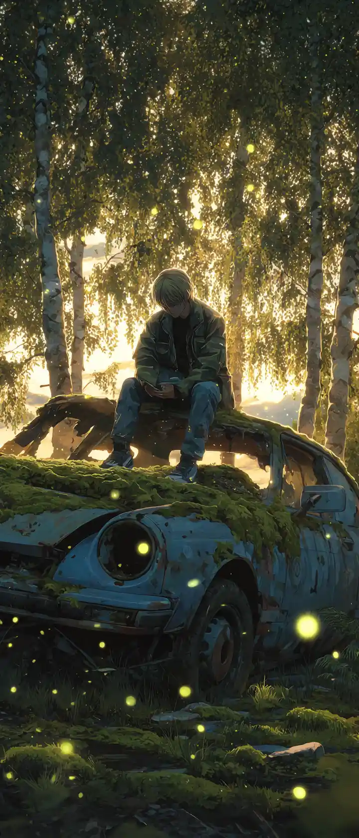 Vampire boy grieving alone on a crashed forest car