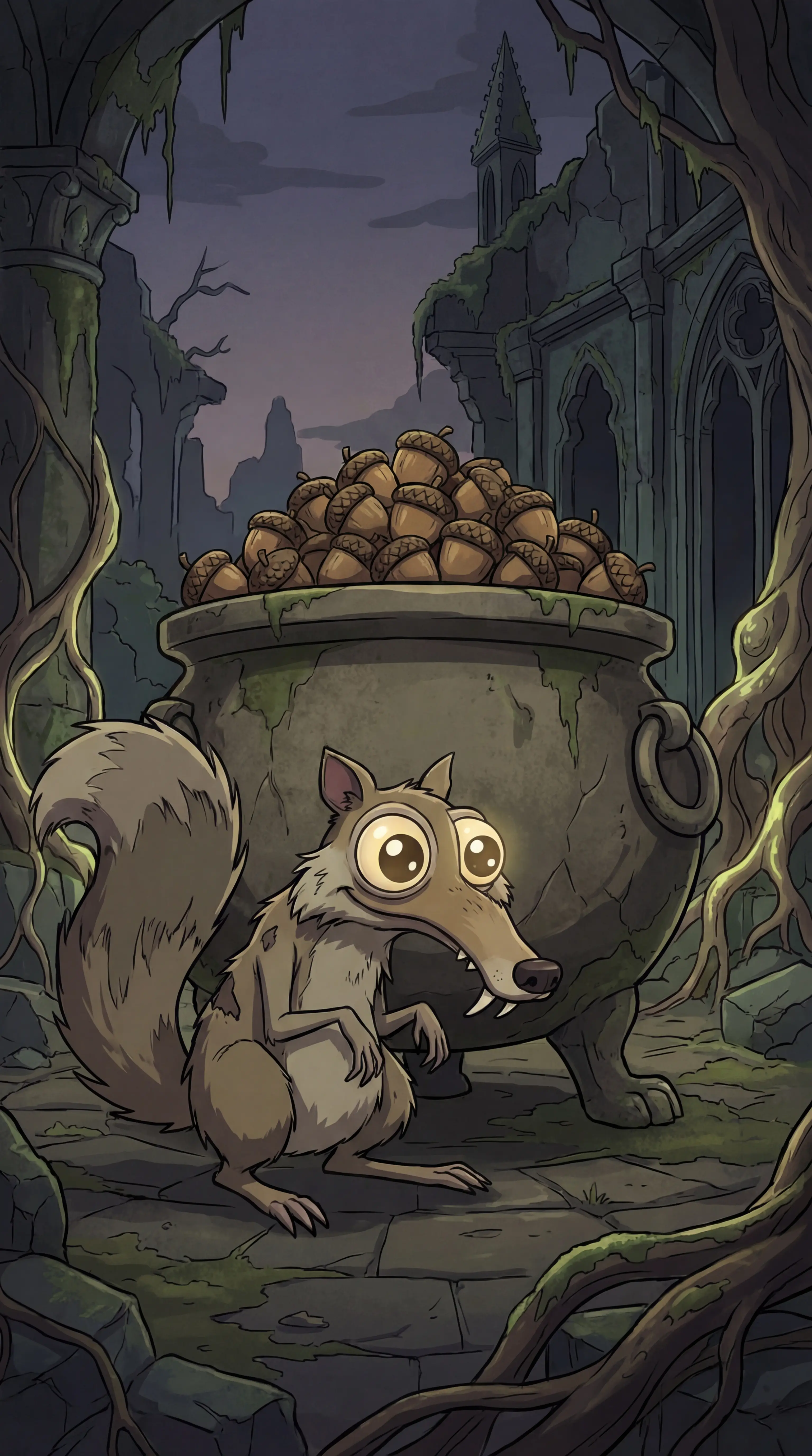 Anime squirrel sitting before a giant bowl of acorns