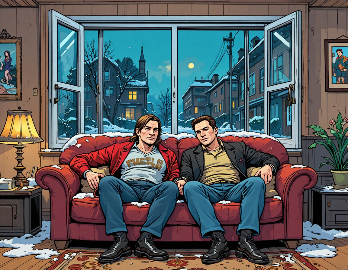 Shivering couple on a sofa in a cold living room