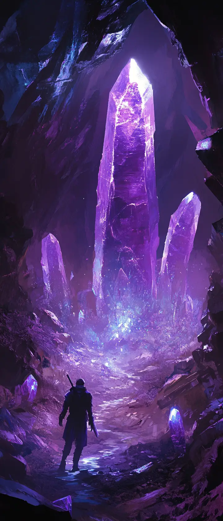 Warrior Touches Glowing Crystals In A Narrow Cave Passage
