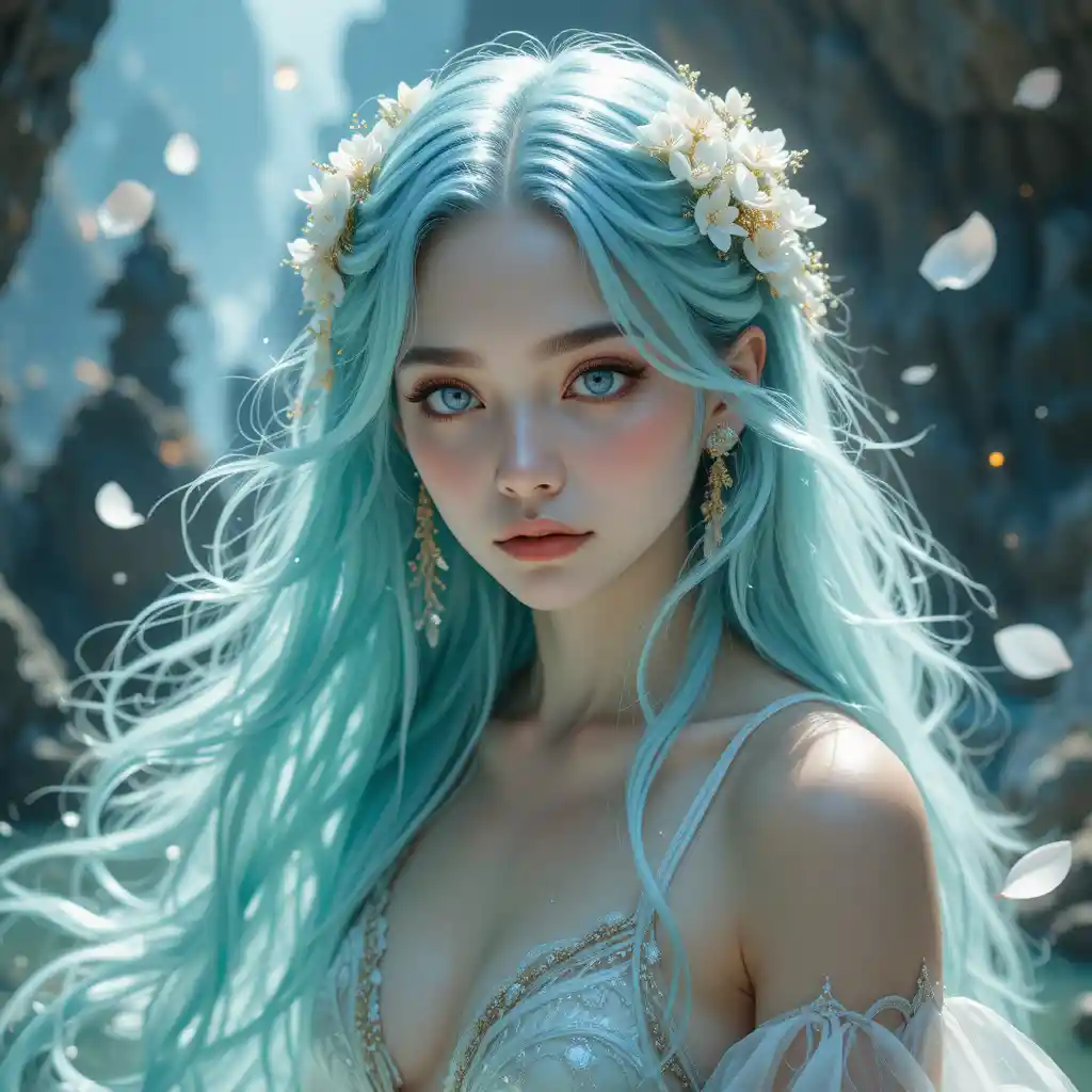 Ethereal girl with turquoise hair in glowing fantasy light