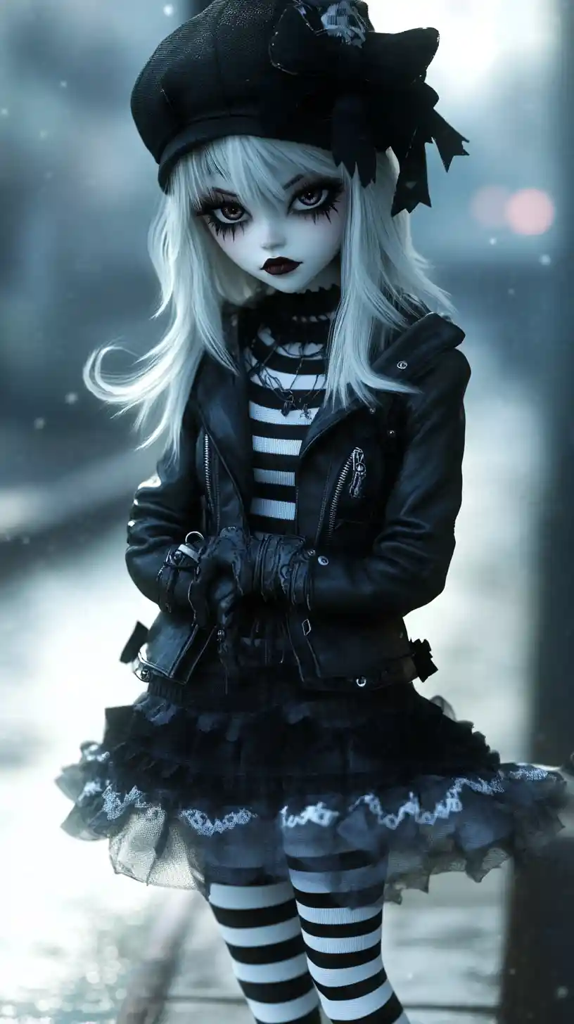 Ragazza goth in pelle nera su un molo sul lungomare dai toni pastello