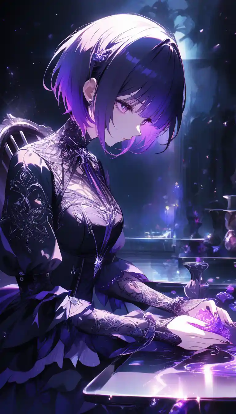 Anime woman in gothic dress seated at ornate table