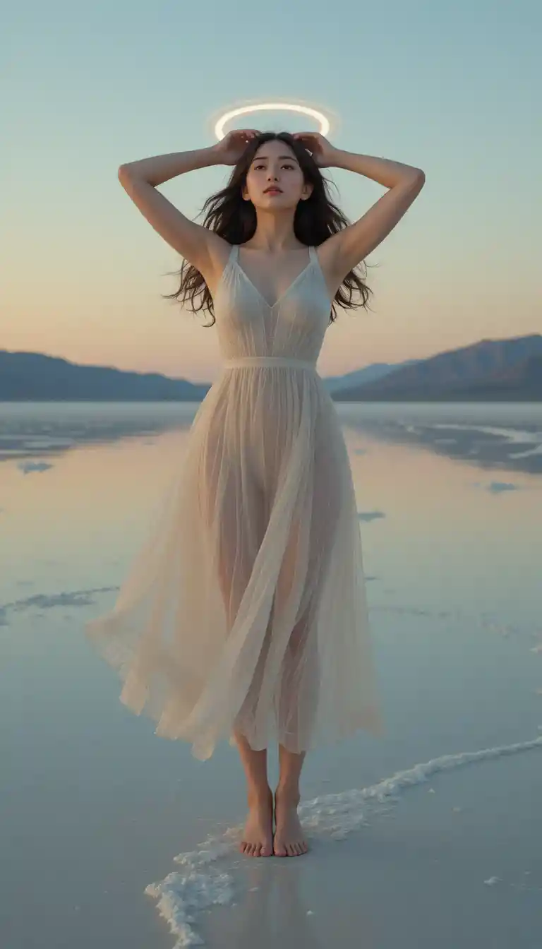 Joyful young woman on reflective salt flat at sunset