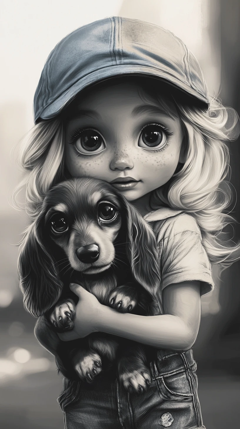 Little girl cuddling dachshund puppy in ink illustration