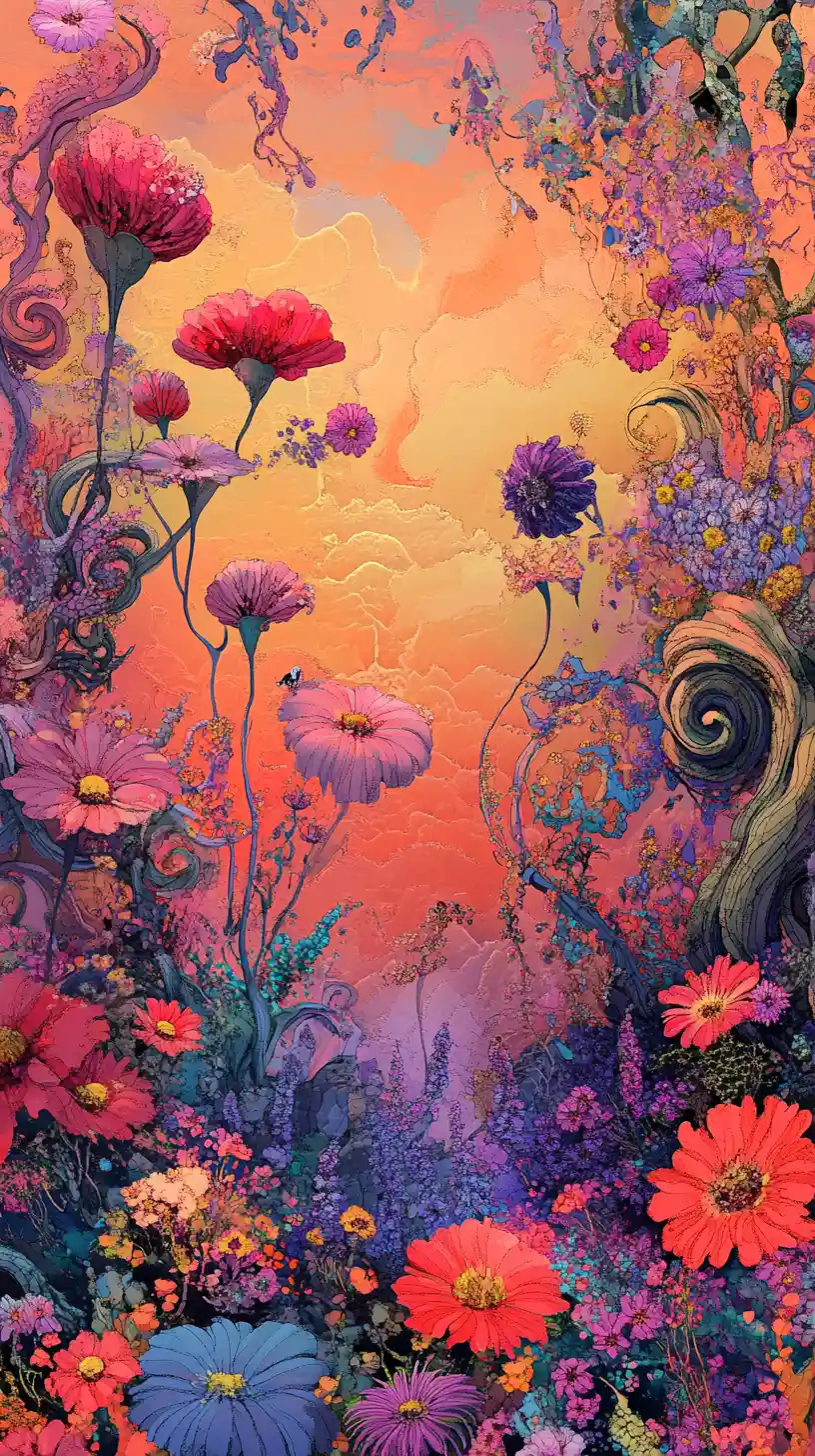 Surreal fantasy landscape with glowing exotic flowers