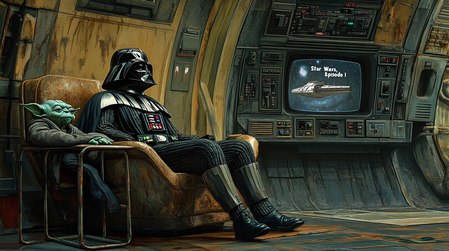 Elderly dark figure relaxing in a worn spaceship lounge