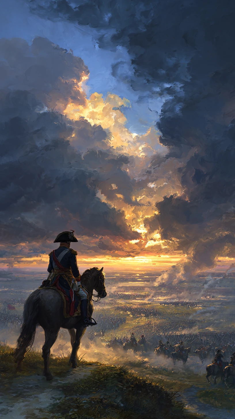 Napoleone a Cavallo che Osserva un Campo di Battaglia al Tramonto