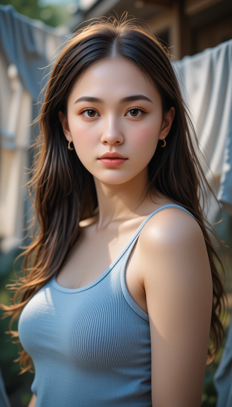 後院曬衣繩旁陽光下的年輕女子