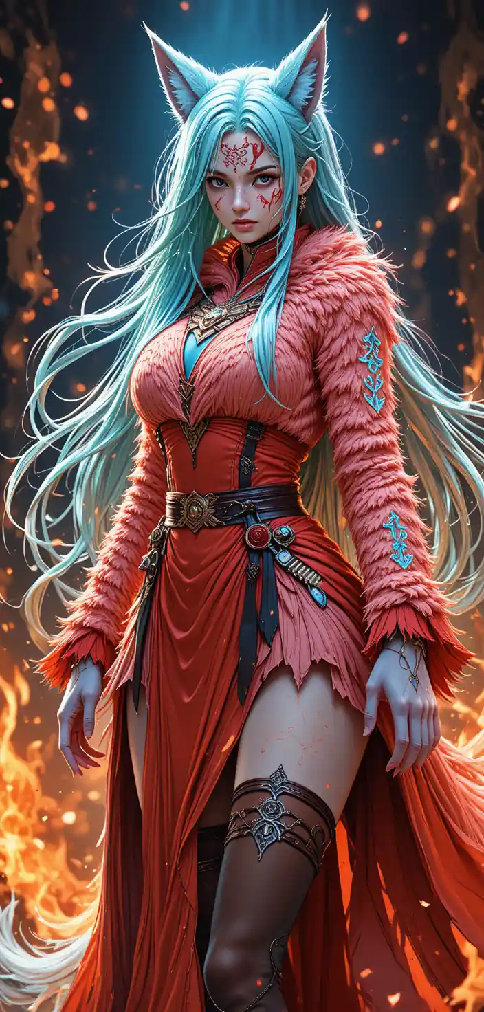 Anime fox warrior girl with flaming ritual fur markings