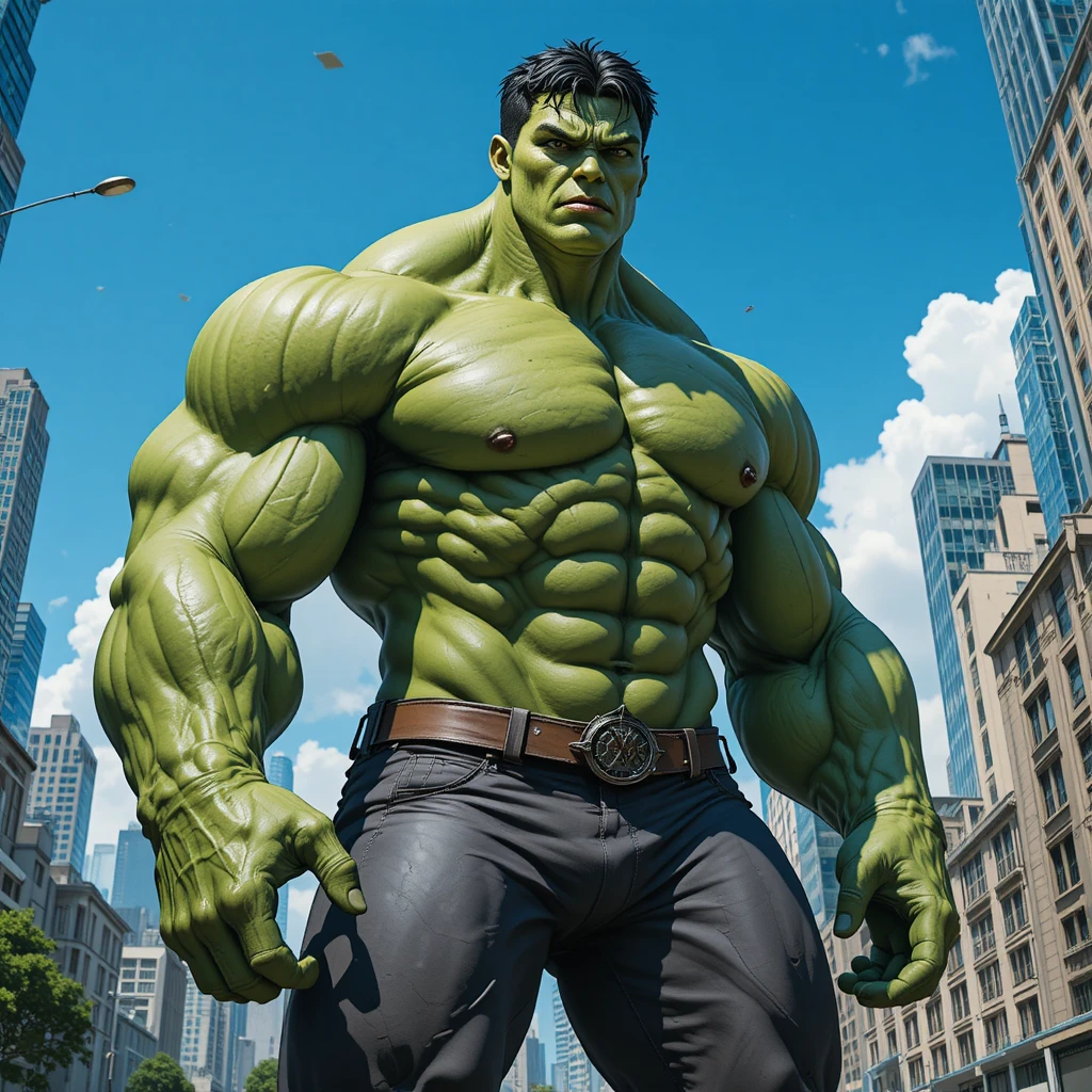 Supereroe verde e muscoloso che sovrasta una città moderna