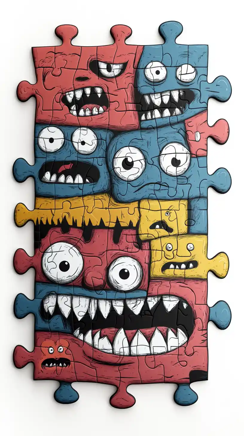 Semi assembled monster face puzzle on white background