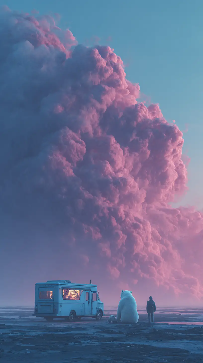 Surreal twilight beach with glowing vintage food truck scene