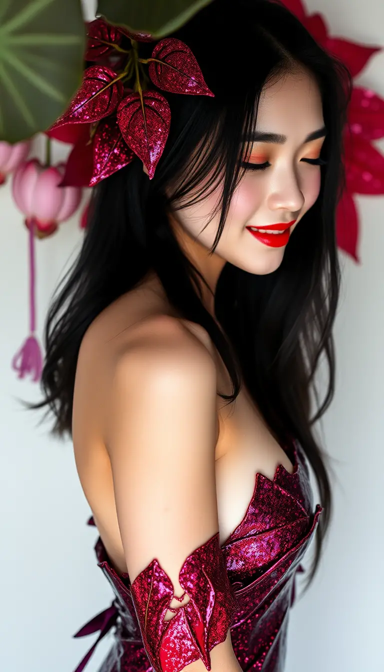 Woman with panda in lotus pond wearing liquid glitter