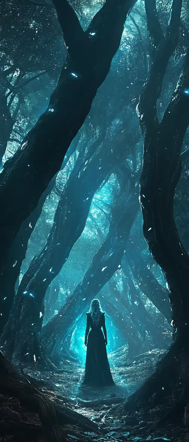 Silver eyed fantasy woman in a glowing enchanted forest