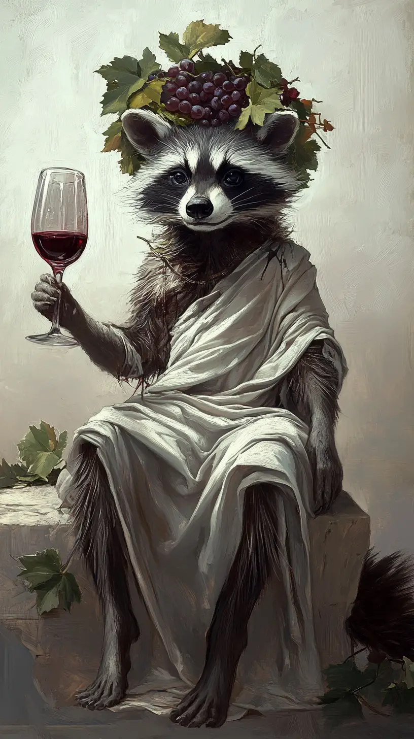 Anthropomorphic Raccoon Dionysus With Flowing Red Wine