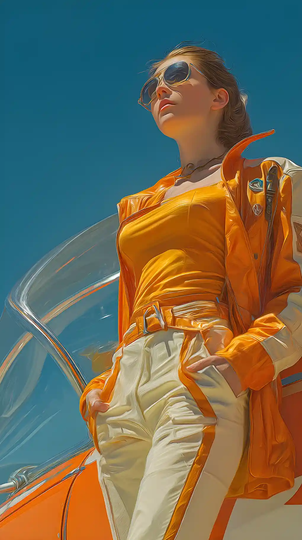 Pin-up de calendrier des années 70 posant près d’une voiture futuriste de science-fiction