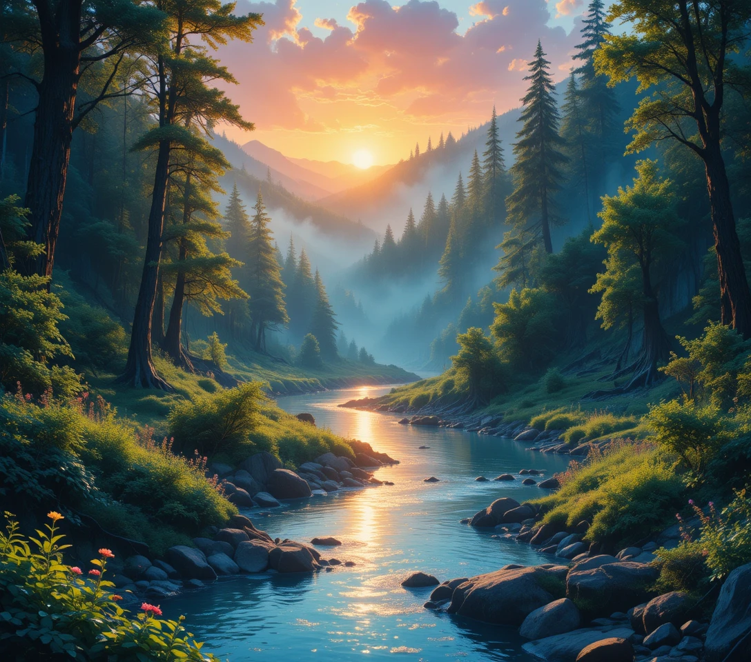 Sunrise over tranquil forest river in anime watercolor