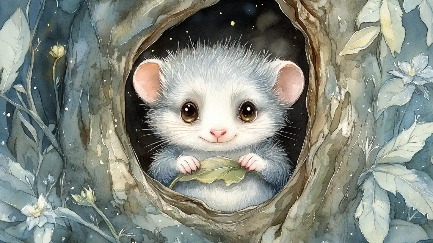 Whimsical Baby Opossum Watercolor In A Moonlit Tree