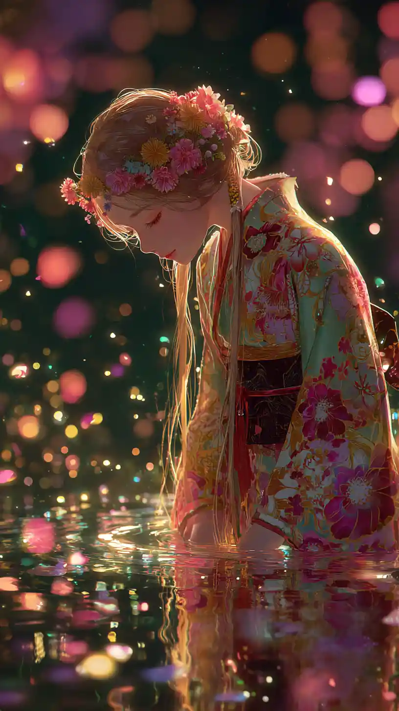 Anime girl in floral kimono above glowing water