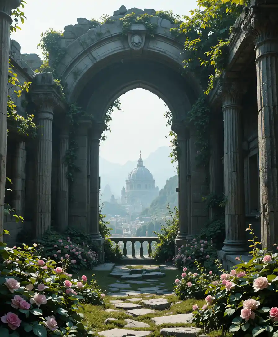 Ancient stone ruins opening onto a distant fantasy kingdom