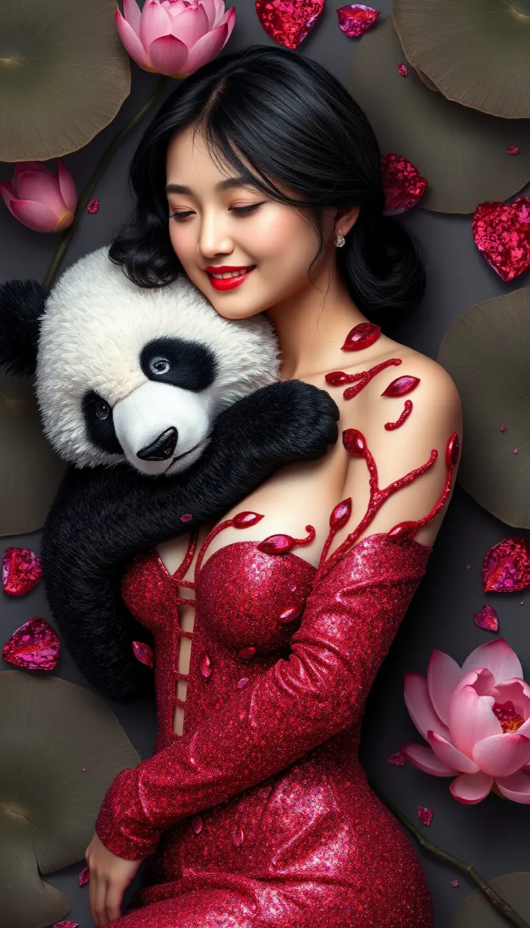 Smiling woman with panda in a lotus pond scene