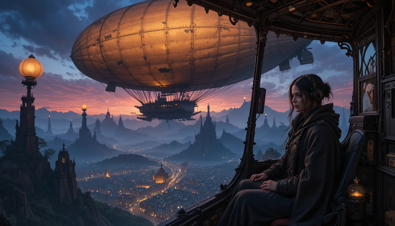 Donna che pilota un dirigibile steampunk nei cieli del crepuscolo