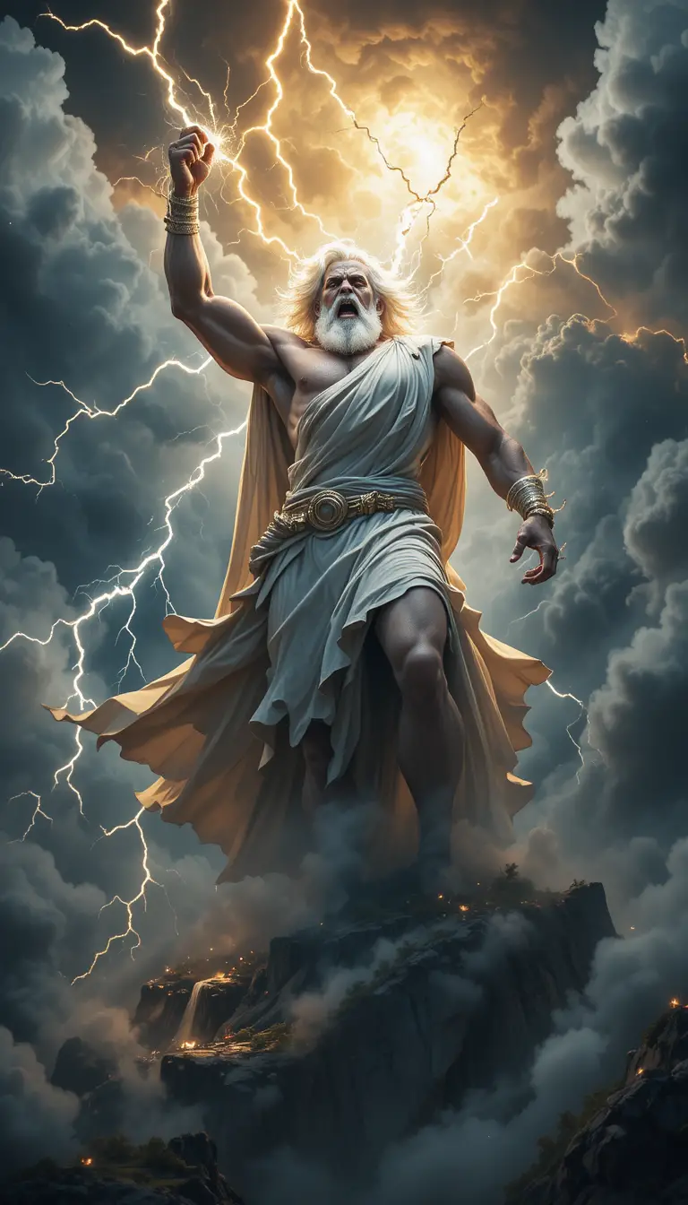 Enraged thunder god hurling lightning from storm clouds