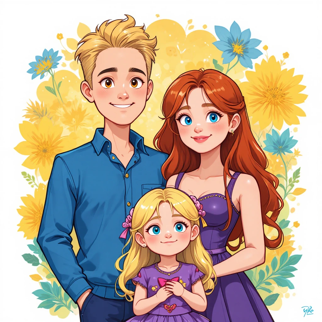 Ritratto di famiglia digitale colorato con sfondo floreale