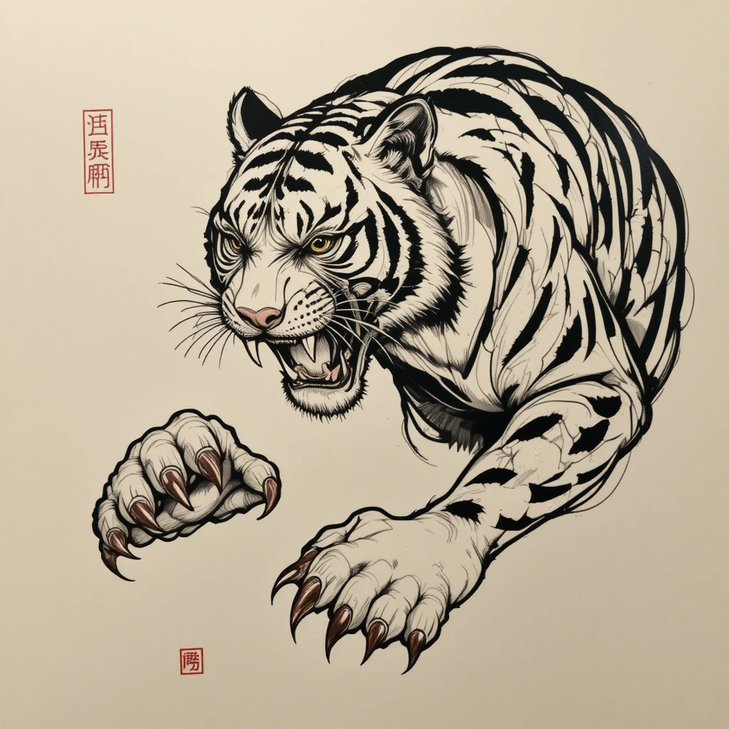 攻撃姿勢のミニマル部族線画のトラ