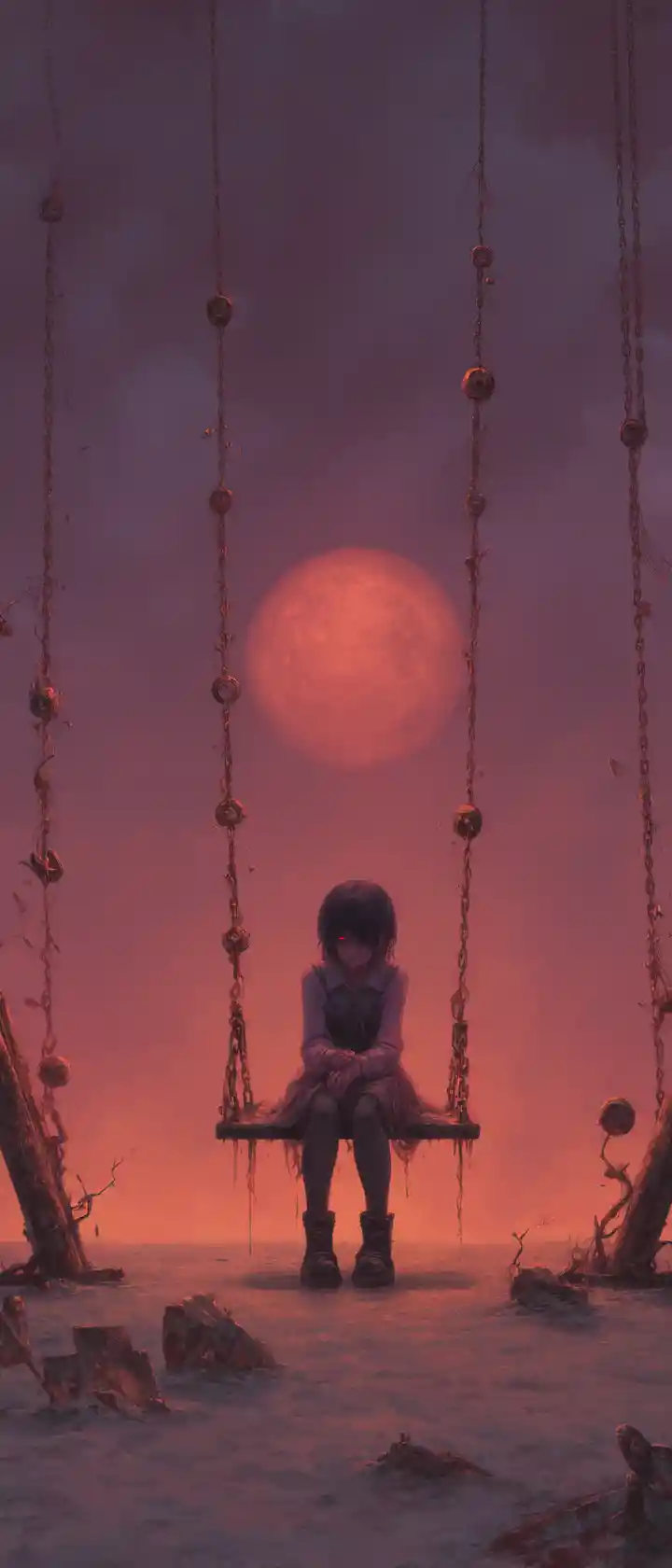 Vampire girl on a swing in an abandoned playground