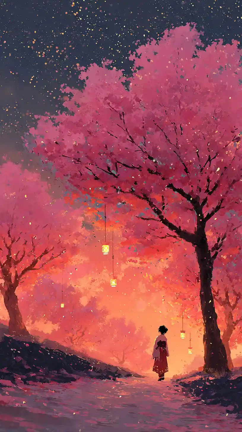 Geisha Walking Under Lantern Lit Cherry Blossom Trees