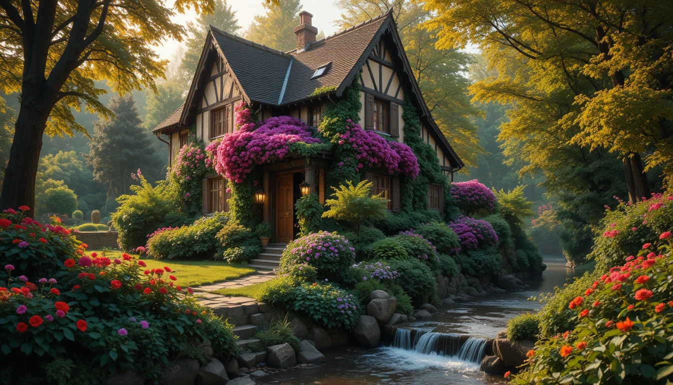 Flower covered medieval cottage beside a quiet brook