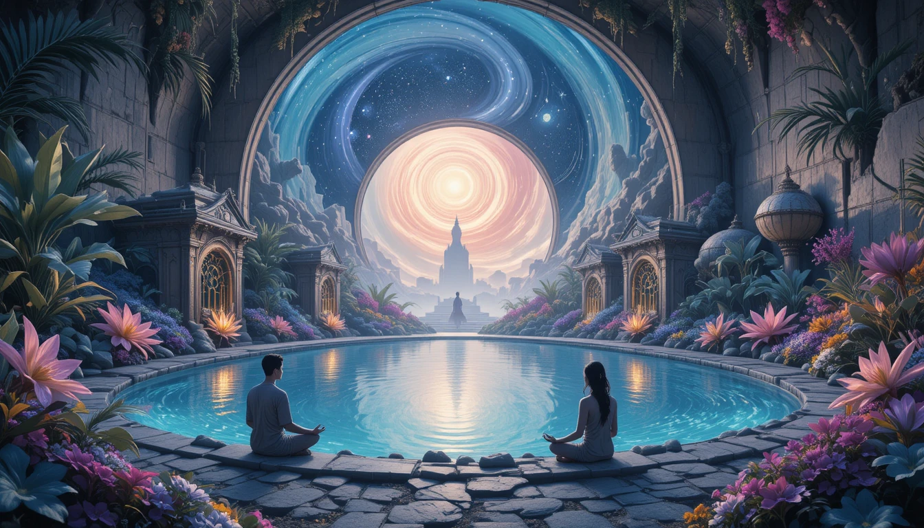 Meditating Figures By A Cosmic Oasis Pool