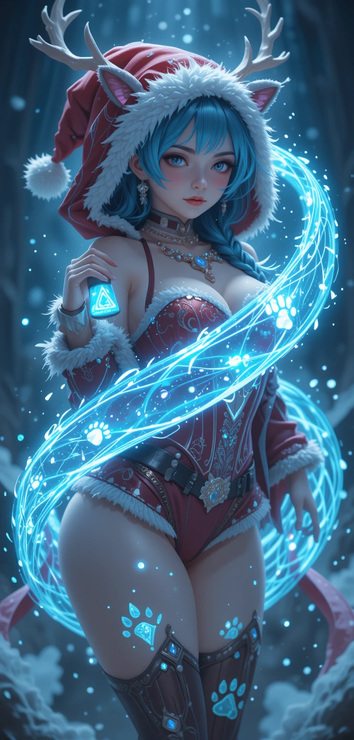 Donna fantasy giocosa coperta di rune in magico costume da renna