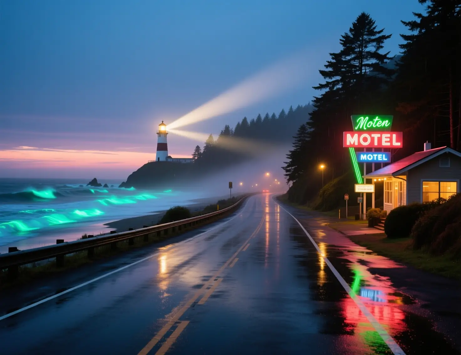 Route côtière de l’Oregon au crépuscule avec enseignes de motel au néon lumineuses