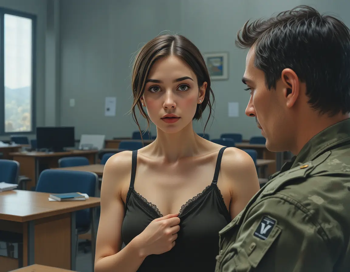 Young woman in military vest surprised in austere office