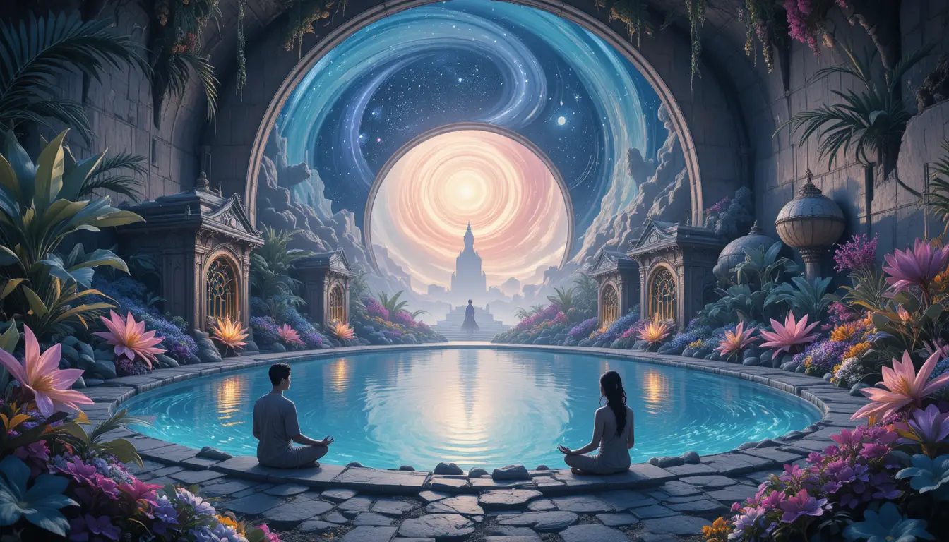 Meditating Figures By A Cosmic Oasis Pool