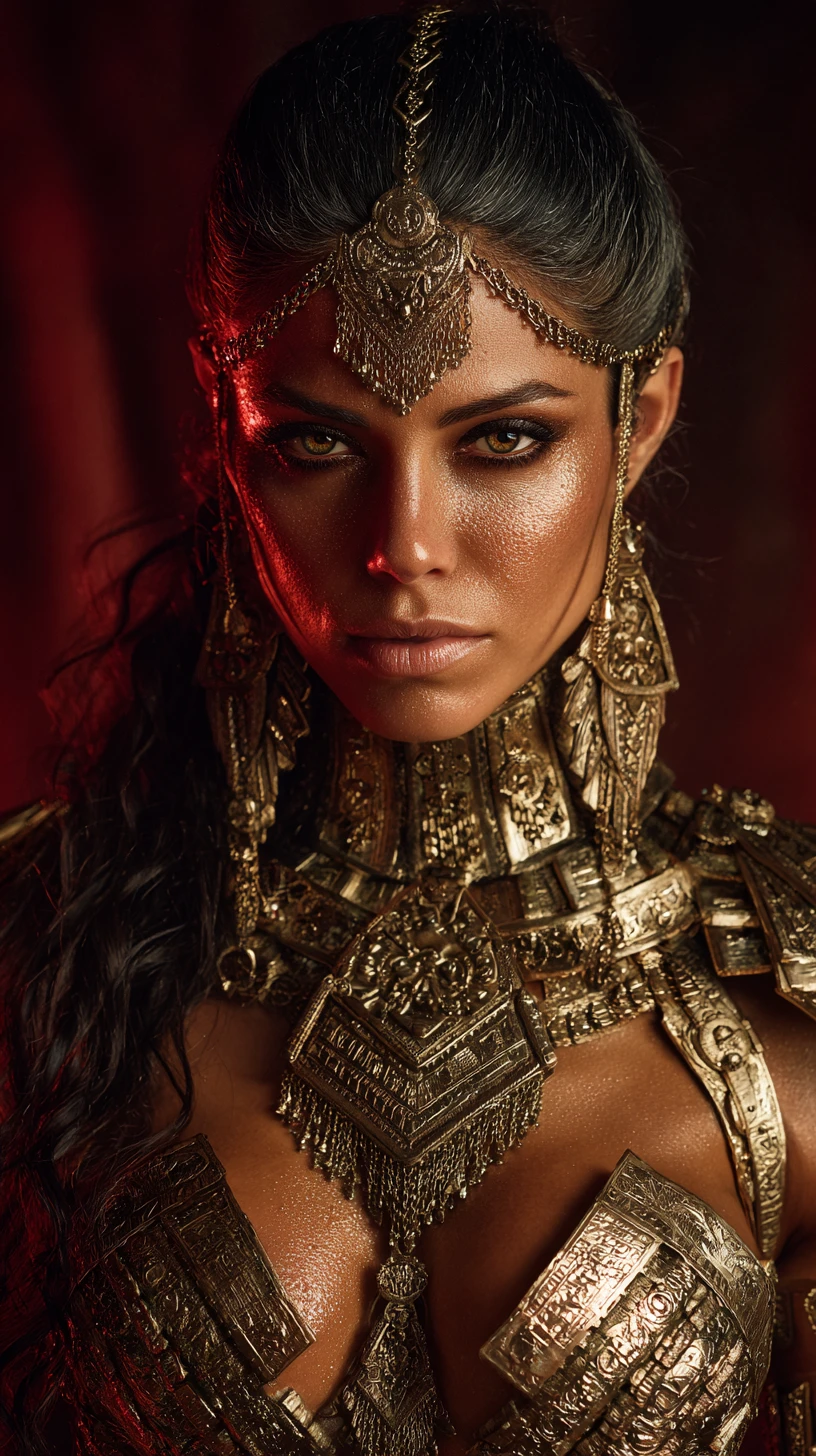 Hyperrealistic portrait of a muscular Middle Eastern warrior goddess