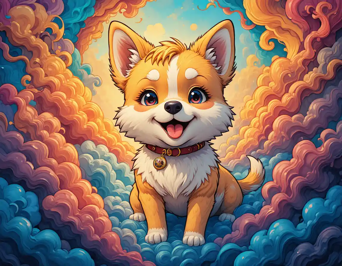 Cheerful kawaii dog with swirling colorful clouds