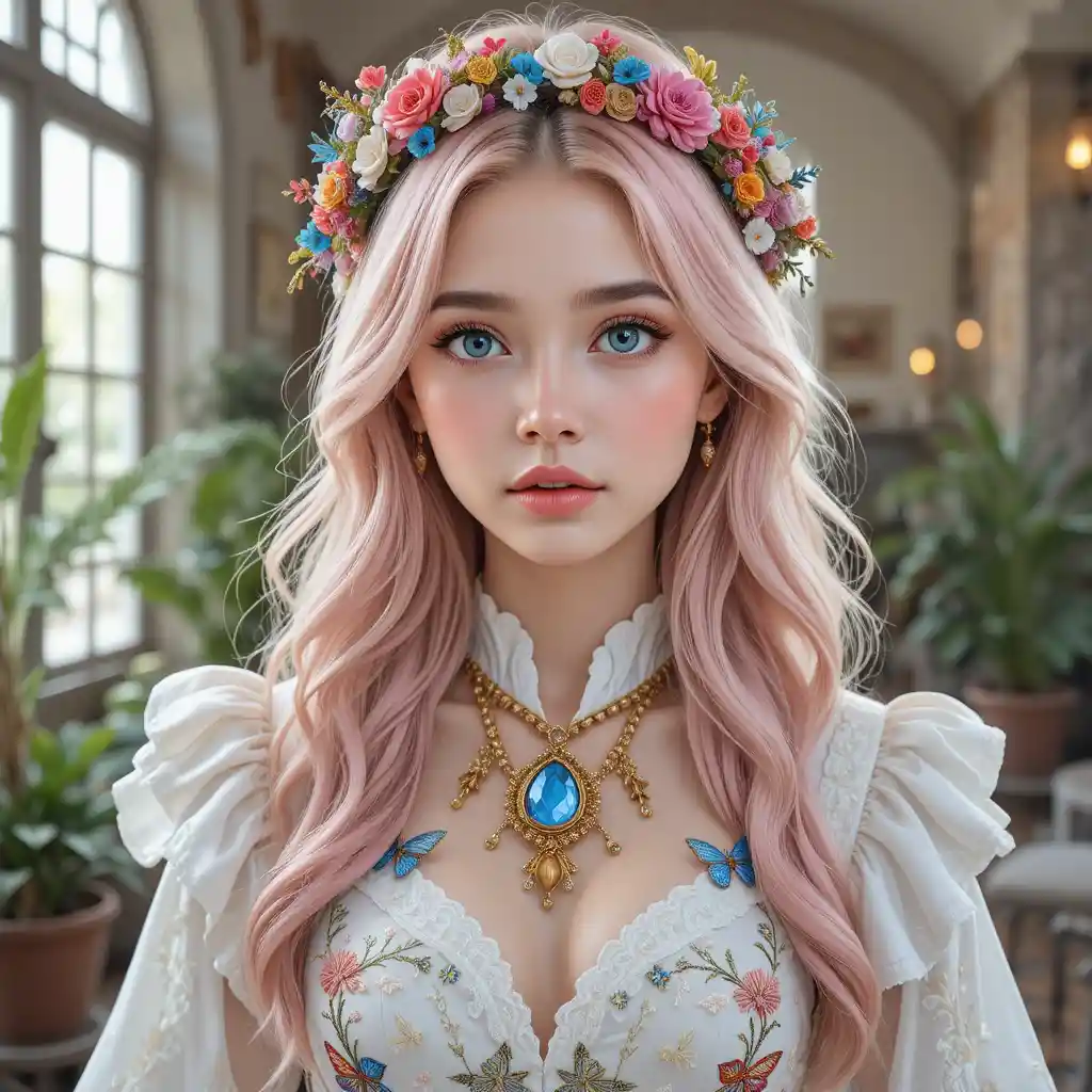 Giovane donna con capelli rosa pastello e dettagli floreali