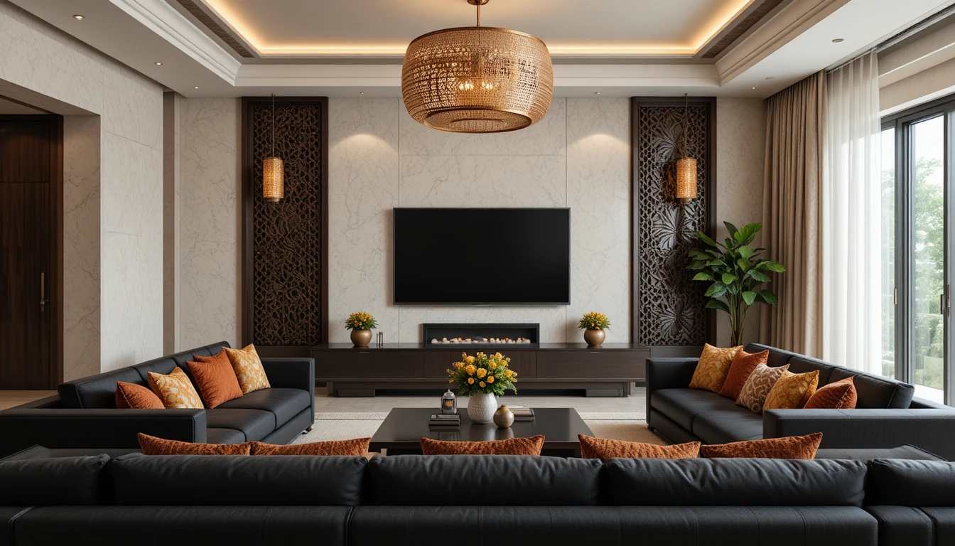Modernes Wohnzimmer mit schwarzem Sofa und afrozentraler Deko