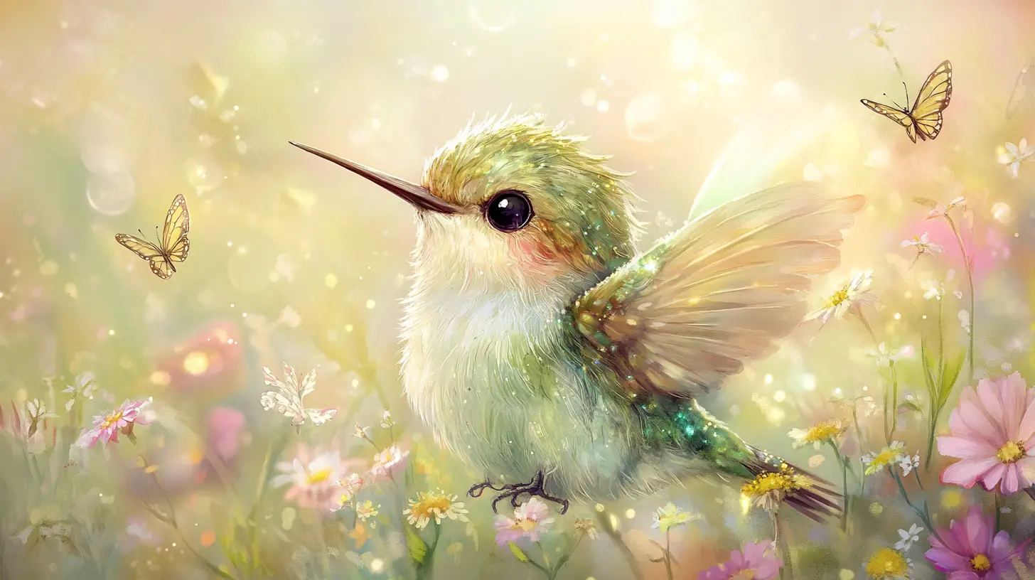 Chubby baby hummingbird in a sunny watercolor meadow