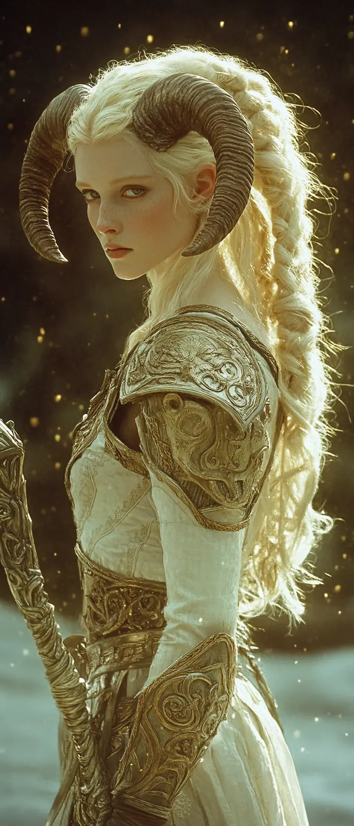 Platinum haired horned warrior in ornate white armor