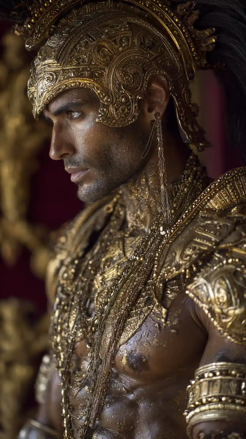 Middle Eastern warrior goddess in golden armor profile