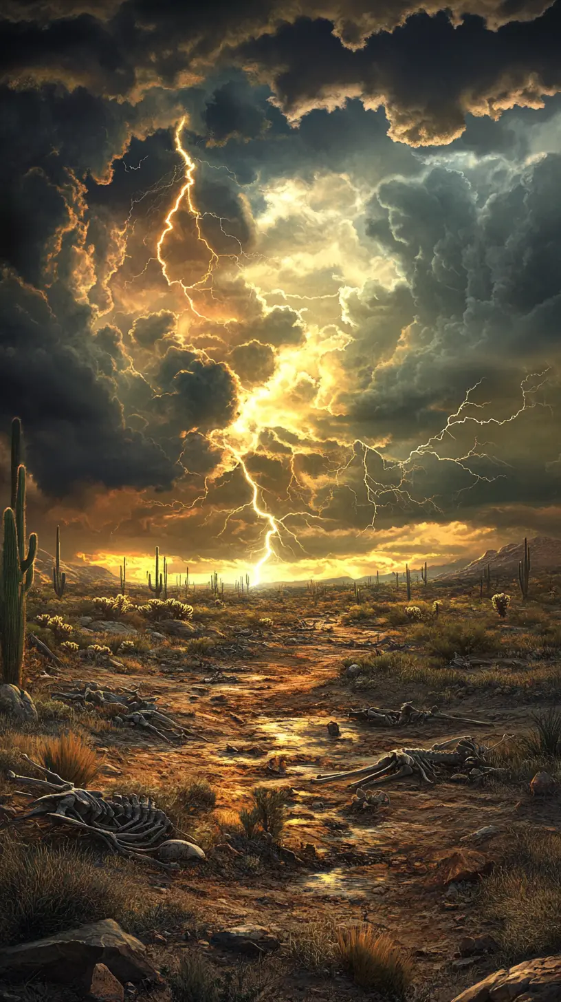 Lightning Illuminates A Desert Prairie Oasis With Animal Bones