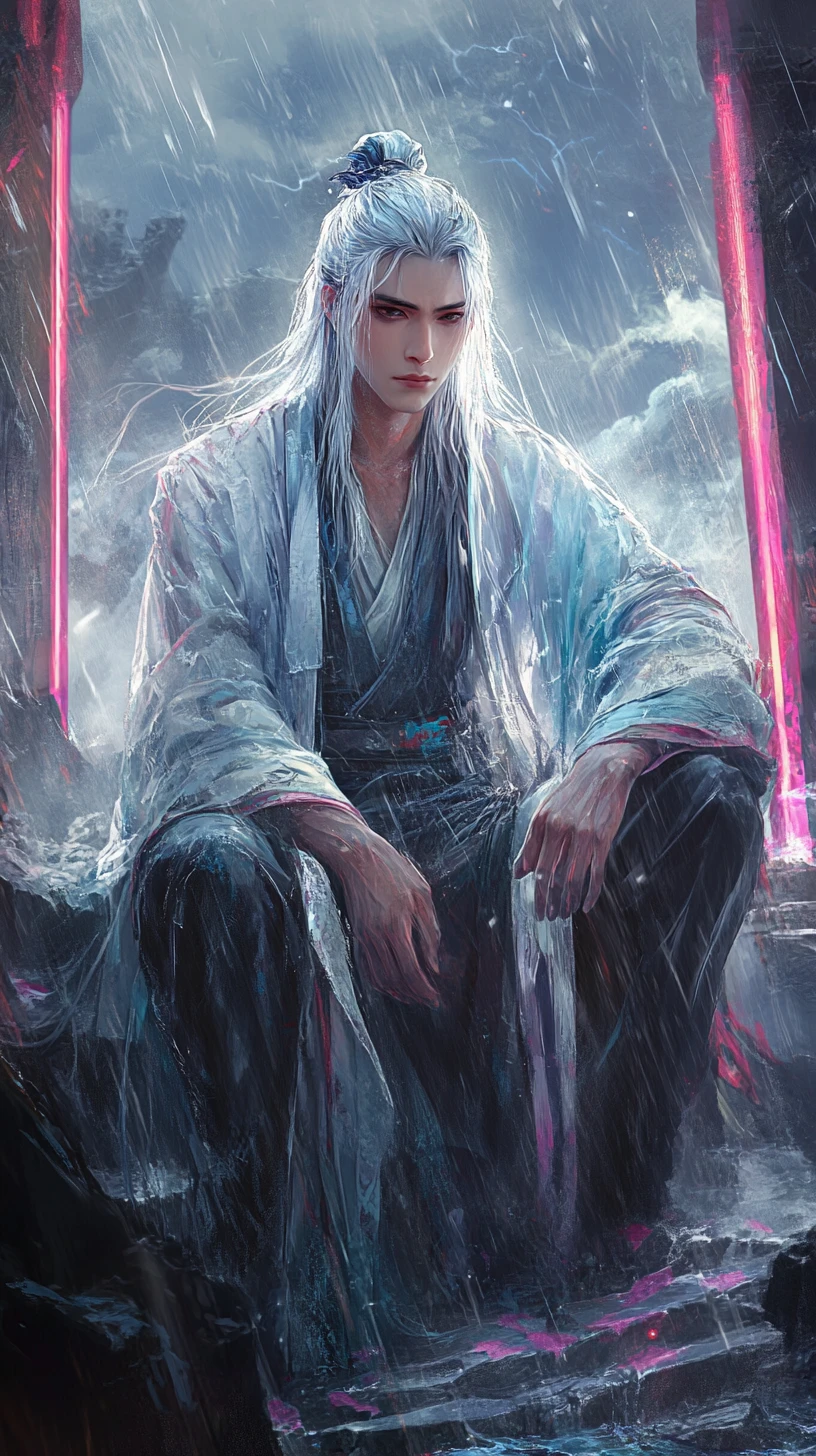 Melancholic man in hanfu on storm swept stone rampart