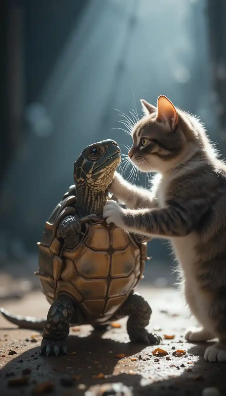 Cartoon turtle and cat trading playful slaps in combat