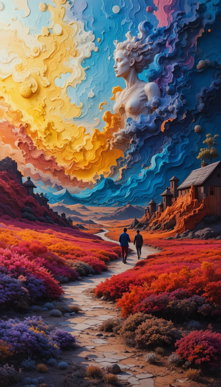 Vibrant impasto landscape with semi abstract walking figures